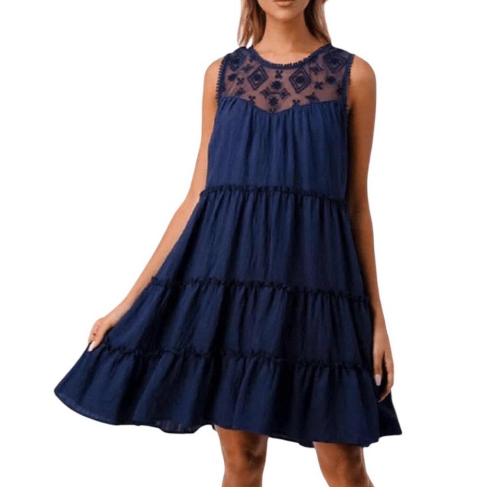 Miss Me Sleeveless Tiered Boho Mini Dress Lace Detail Navy Blue Small‎ S